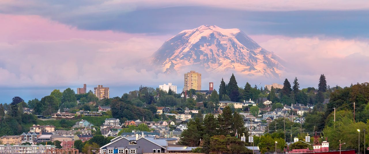 Mount Rainier above Tacoma and the South Sound waterfront at sunset